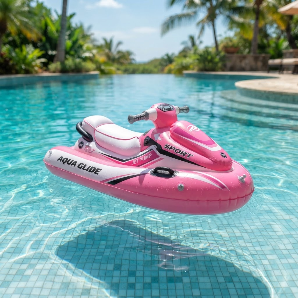 Engin nautique électrique gonflable rose flottant sur une eau turquoise